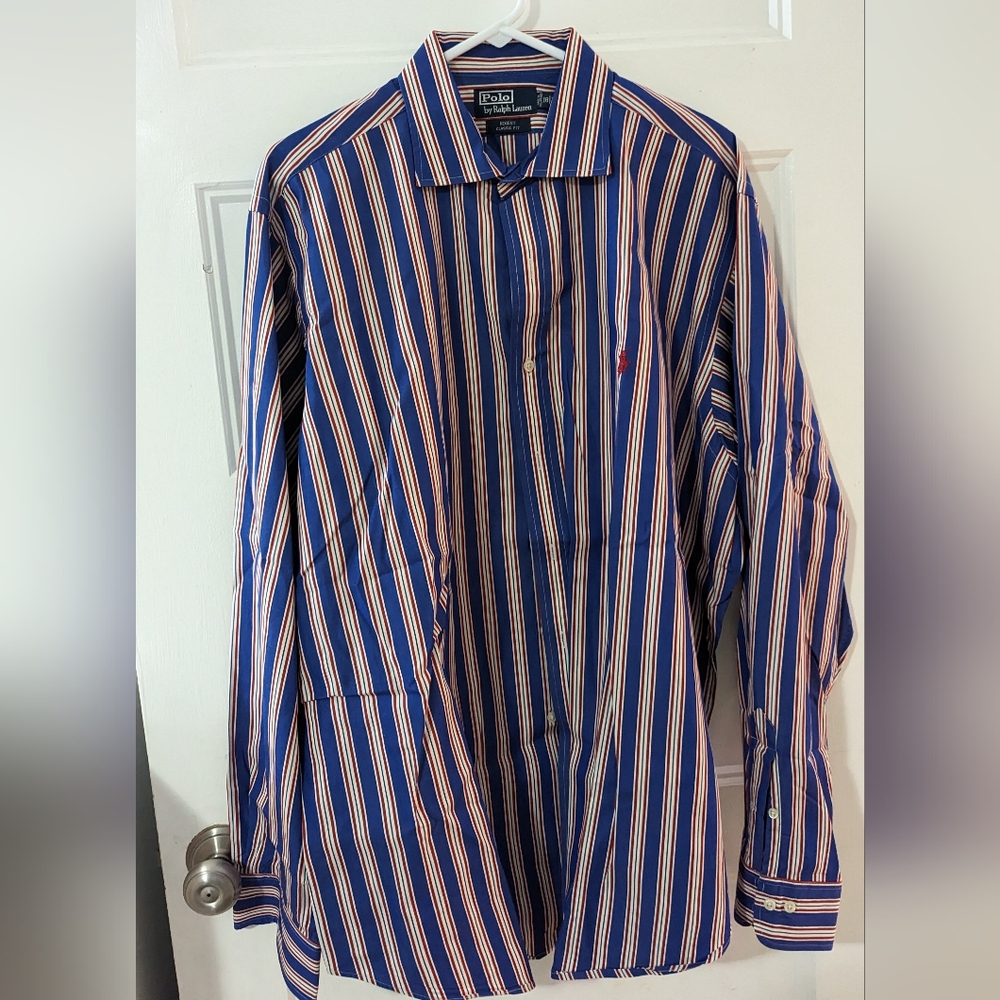 Polo by Ralph Lauren red, white and blue long sleeve dress shirt XXL sz 18